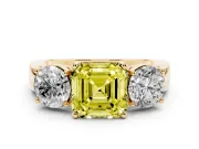 Asscher Cut Three Stone Engagement Ring Setting for a Fancy Yellow Lab-Grown Diamond | Wide Plain Band | Yellow Gold