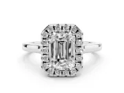 Emerald Cut Halo Round Diamond Solitaire Ring Set in Platinum with Pavé Band and Prong Setting