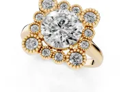 Round Vintage Milgrain Bezel Cluster Halo Engagement Ring Setting | Plain Band | Yellow Gold