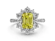 Fancy Yellow Emerald Cut Diamond Floral Halo Ring Set in Platinum with Round Pavé Band and Prong Setting