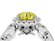 Fancy Yellow Round Cut Diamond Halo Ring Set in Silver with Milgrain Pavé Band and Prong Setting