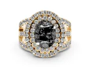 Oval Double Halo Split Shank Engagement Ring Setting for a Black Center | Pavé Strands | Yellow Gold