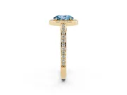 Fancy Blue Oval Cut Diamond Halo Pavé Split Shank Ring Set in Yellow gold with Prong Setting