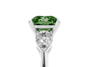 Fancy Green Three-Stone Princess Cut Diamond Ring Set in Platinum with Pear Side Stones and Prong Setting