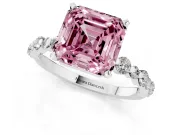 Fancy Pink Asscher Cut Diamond Prong Set Engagement Ring Set in Platinum with Round Accent Pavé Band