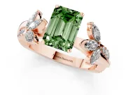 Fancy Green Emerald Cut Diamond Floral Vine Solitaire Engagement Ring Set in Rose gold with Marquise Leaves
