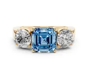Asscher Cut Three Stone Engagement Ring Setting for a Fancy Blue Lab-Grown Diamond | Wide Plain Band | Yellow Gold