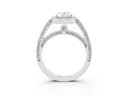 Oval Cut Diamond Halo Pavé Split Shank Ring Set in White gold with Prong Setting