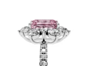 Fancy Pink Emerald Cut Diamond Floral Halo Ring Set in Silver with Round Pavé Band and Prong Setting