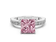 Fancy Pink Princess Cut Diamond Solitaire Ring Set in Platinum with Slim Pavé Band and Prong Setting