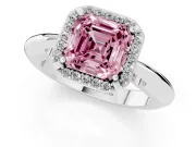 Fancy Pink Asscher Cut Diamond Halo Engagement Ring Set in Platinum with Plain Split Shank and Prong Setting