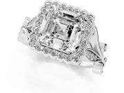 Asscher Cut Vintage Leaf Halo Engagement Ring Setting | Graduated Vine Shank | White Gold