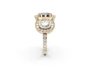 Cushion Cut Three Stone Halo Engagement Ring Setting for a Fancy Blue Lab-Grown Diamond | Bezel Set | Yellow Gold