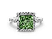Fancy Green Princess Cut Diamond Halo Pavé Solitaire Ring Set in Platinum with Prong-Set Center Stone