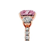 Cushion Cut Three Stone Engagement Ring Setting for a Fancy Pink Lab-Grown Diamond | Pave Shoulders | Rose Gold