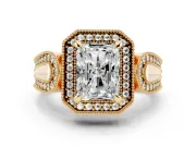 Radiant Cut Vintage Milgrain Halo Engagement Ring Setting | Open Loop Pave Shoulders | Yellow Gold