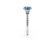 Fancy Blue Round Cut Diamond Three-Stone Ring Set in Platinum with Pavé Band and Graduated Sides