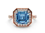 Asscher Cut Halo Engagement Ring Setting for a Fancy Blue Lab-Grown Diamond | Bezel Station Shoulders | Rose Gold