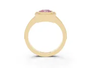 Fancy Pink Radiant Cut Diamond Halo Engagement Ring Set in Yellow gold with Pavé Band and Round Halo Stones