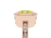 Fancy Yellow Cushion Cut Diamond Halo Ring Set in Rose gold with Pavé Band and Milgrain-Edged Prongs