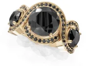 Round Three Stone Halo Engagement Ring Setting for a Black Center | Pavé Wave Band | Yellow Gold