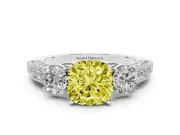 Cushion Cut Three Stone Engagement Ring Setting for a Fancy Yellow Lab-Grown Diamond | Graduated Pave Band | Platinum