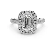 Emerald Cut Halo Engagement Ring Setting | Shared Prong Shoulders | White Gold