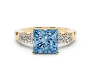 Fancy Blue Princess Cut Diamond Five-Stone Prong Set Engagement Ring Set in Yellow gold with Channel Band