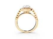 Oval Cut Diamond Milgrain Halo Solitaire Ring Set in Yellow gold with Bezel Set Side Stones and Pavé Band