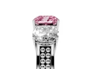 Fancy Pink Cushion Cut Diamond Three-Stone Ring Set in White gold with Textured Band