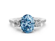 Oval Three Stone Engagement Ring Setting for a Fancy Blue Lab-Grown Diamond | Pave Shoulders | Platinum