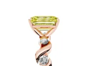 Fancy Yellow Emerald Cut Diamond Solitaire Ring Set in Rose gold with Ribbon Twist Band, Round Accents and Prong Setting