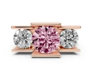 Fancy Pink Round Cut Diamond Three-Stone Channel Set Ring Set in Rose gold with Smooth Polished Band