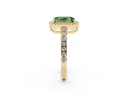 Fancy Green Emerald Cut Diamond Halo Ring Set in Yellow gold with Delicate Pavé Band and Prong Setting