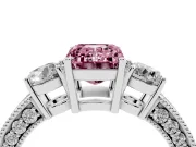 Fancy Pink Emerald Cut Diamond Three-Stone Ring Set in Silver with Round Side Stones and Pavé Band