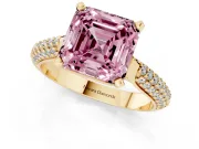 Fancy Pink Asscher Cut Diamond Solitaire Engagement Ring Set in Yellow gold with Multi-Row Round Pavé Band and Prong Setting