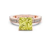 Fancy Yellow Princess Cut Diamond Solitaire Ring Set in Rose gold with Slim Pavé Band and Prong Setting