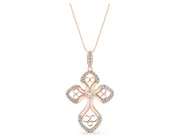 Round Lab-Grown Diamond Graduated Filigree Cross Pendant Necklace | Milgrain Edges | Rose Gold