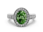 Fancy Green Oval Cut Diamond Halo Ring Set in White gold with Round Accent Halo, Pavé Band and Prong Setting
