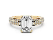 Emerald Cut Three Row Pave Solitaire Engagement Ring Setting | Double Claw Prongs | Yellow Gold