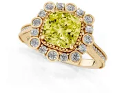 Fancy Yellow Cushion Cut Diamond Halo Milgrain Pavé Ring Set in Yellow gold with Prong Setting