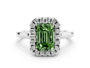Fancy Green Emerald Cut Halo Round Diamond Solitaire Ring Set in White gold with Pavé Band and Prong Setting