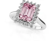 Fancy Pink Emerald Cut Diamond Halo Ring Set in White gold with Plain Solitaire Band and Prong Setting