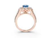 Fancy Blue Radiant Cut Diamond Halo Engagement Ring Set in Rose gold with Split Shank and Prong Setting