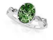 Fancy Green Oval Cut Diamond Vintage-Inspired Milgrain Ring Set in Silver with Marquise Stations of Round Accents