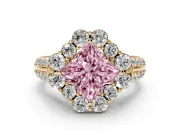 Fancy Pink Princess Cut Diamond Halo Engagement Ring Set in Yellow gold with Split Shank and Prong Setting