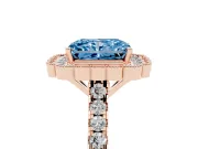 Fancy Blue Radiant Cut Diamond Milgrain Floral Halo Engagement Ring Set in Rose gold with Pavé Band