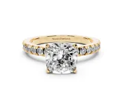 Cushion Cut Diamond Pavé Band Solitaire Set in Yellow gold with Prong Setting
