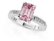Fancy Pink Emerald Cut Diamond Solitaire Ring Set in Silver with Slim Pavé Band and Prong Setting