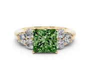 Fancy Green Princess Cut Diamond Cluster Ring Set in Yellow gold with Round Accent Stones and Prong Setting on a Plain Band